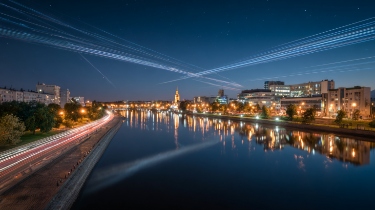 Bialystok city skyline with illuminated fiber optic cables symbolizing fast reliable internet